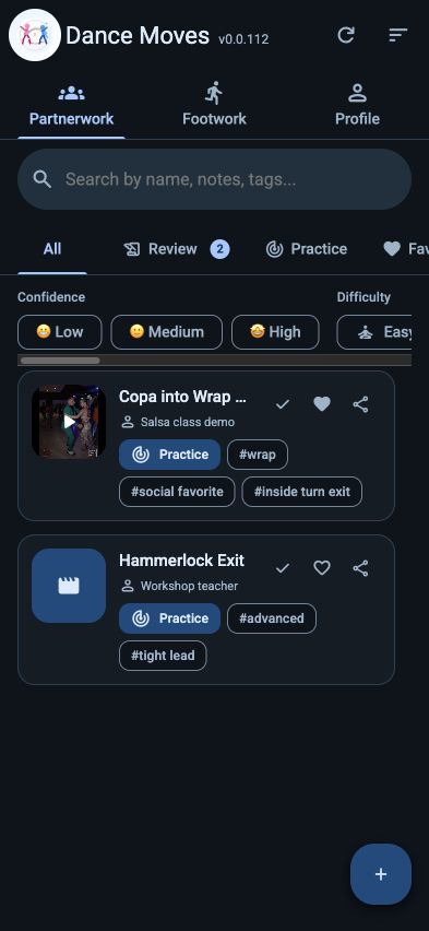 Real Dance Moves app screenshot showing the moves list, filters, and quick actions